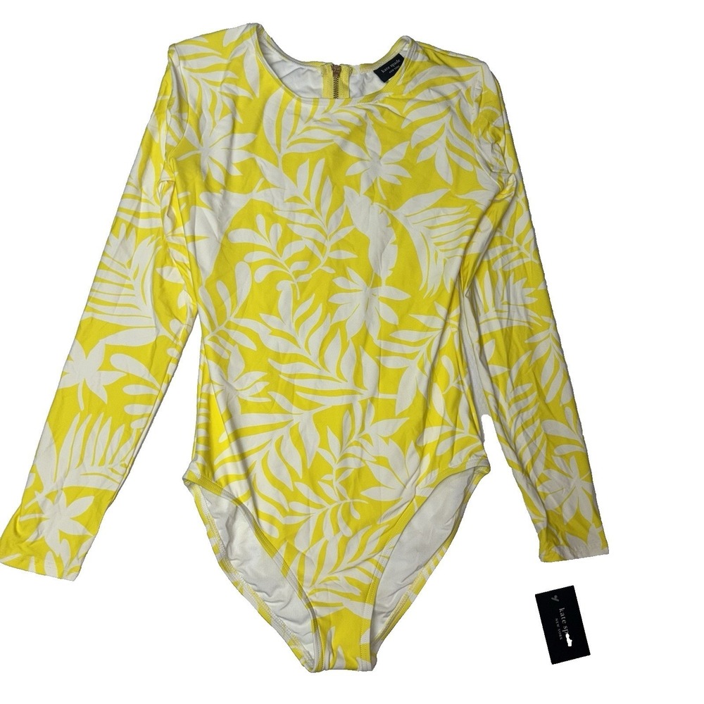 One Piece Swimsuit NWT Long Sleeve Kate Spade New York Womens S Yellow Tropical